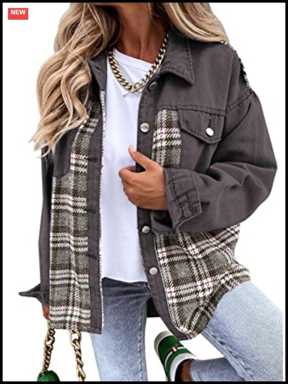 Oversized Denim Jacket Long Sleeve Button Down Plaid Shacket Boyfriend Jean